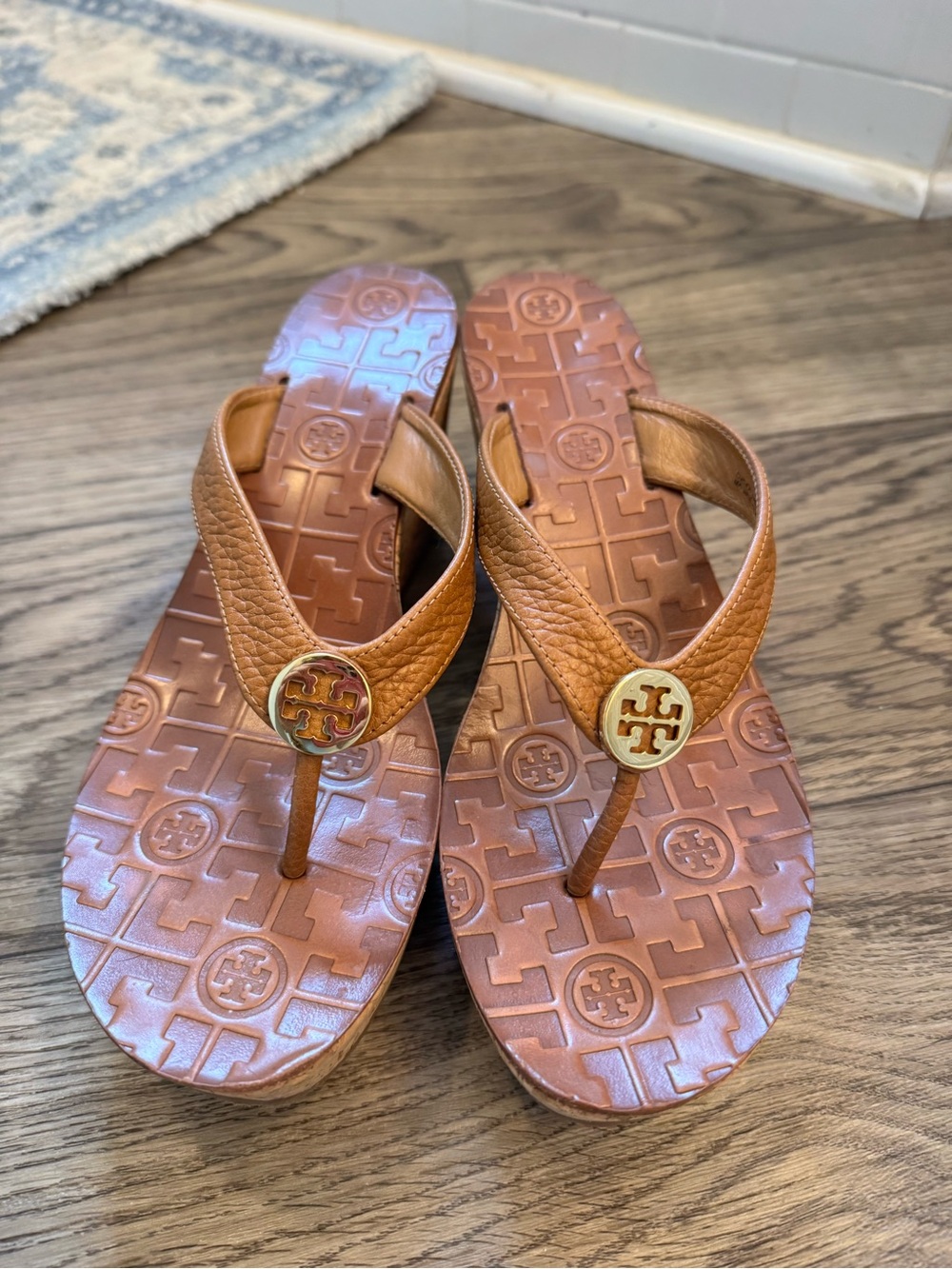 Tory Burch Tan Leather Logo Thong Sandals with Gold Medallions